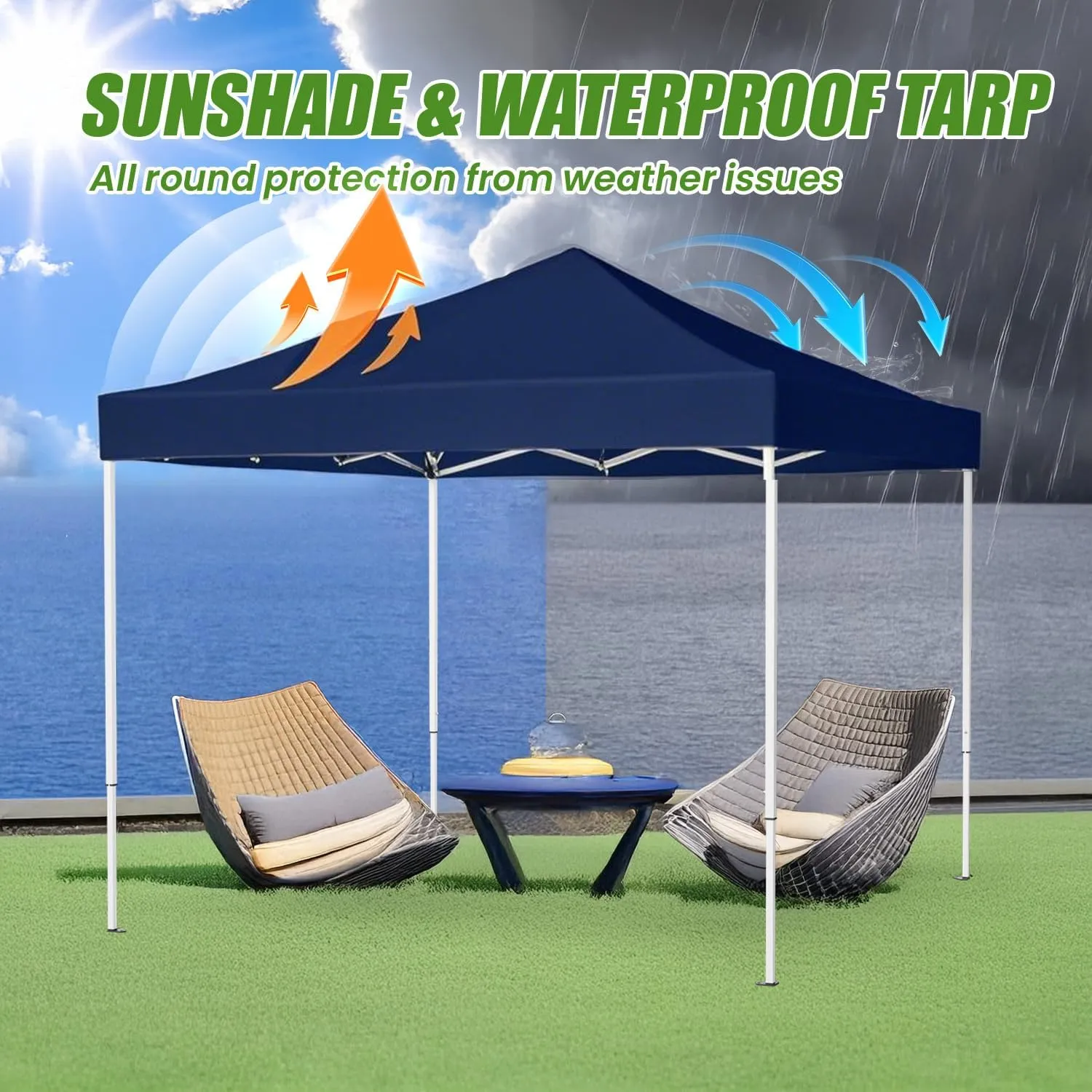 Shades 10x10 Pop Up Canopy,Heavy Duty Beach Tent with Carrying Bag for Easy Moving,Sun Shelter for Parties,Events,Camping,Outdoor Gazebo with 420D PU Coated Waterproof Navy Blue Fabric,4 Sandbags