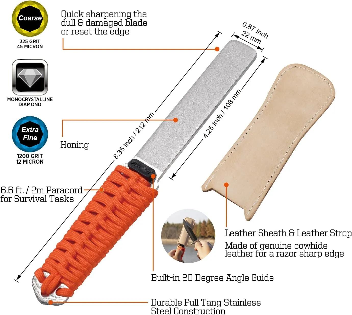 SHARPAL 181N Dual-Grit Diamond Sharpening Stone File Garden Tool Knife Sharpener with Leather Strop Coarse 325 / Extra Fine 1200 Grit for Mower Blade, Axe, Hatchet, Hedge Shears– Father’s Day Gift