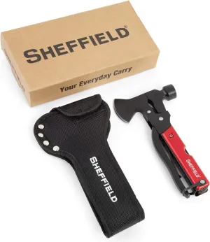 Sheffield 14-in-1 Hatchet Multitool, Camping Hatchet with 1680D Polyester Sheath, Alloy Steel, Red