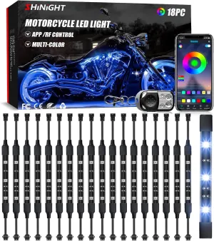 SHINIGHT 18 Pcs Motorcycle LED Light Kits, App Control Multicolor Waterproof Motorcycle LED Strip Lights with RF Remote, Music Sync & Multiple Scene Modes RGB LED Lights for Motorcycles