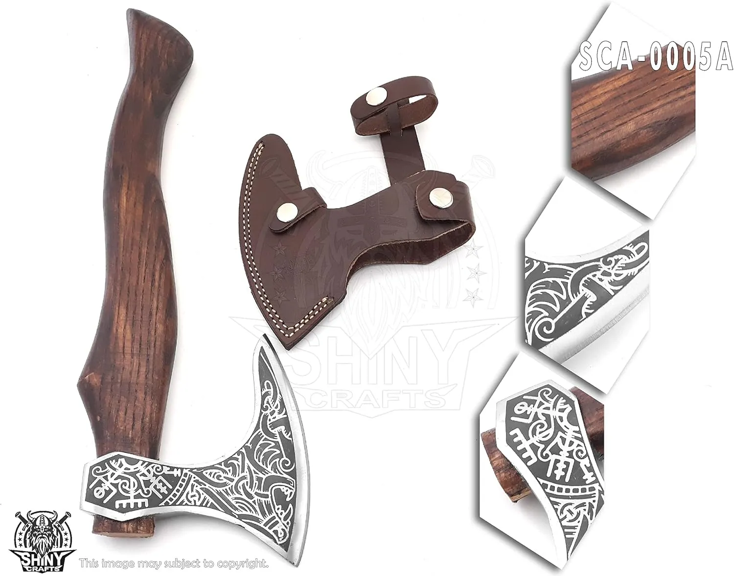 SHINY CRAFTS-Axes Berserker Axe Hatchet Tomahawk Norse Axe-Valhalla Wolf & Vegvisir Viking Axe Head Wolf Camp Axe Leather Sheath (VBA 05A)