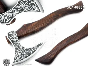SHINY CRAFTS-Axes Berserker Axe Hatchet Tomahawk Norse Axe-Valhalla Wolf & Vegvisir Viking Axe Head Wolf Camp Axe Leather Sheath (VBA 05A)