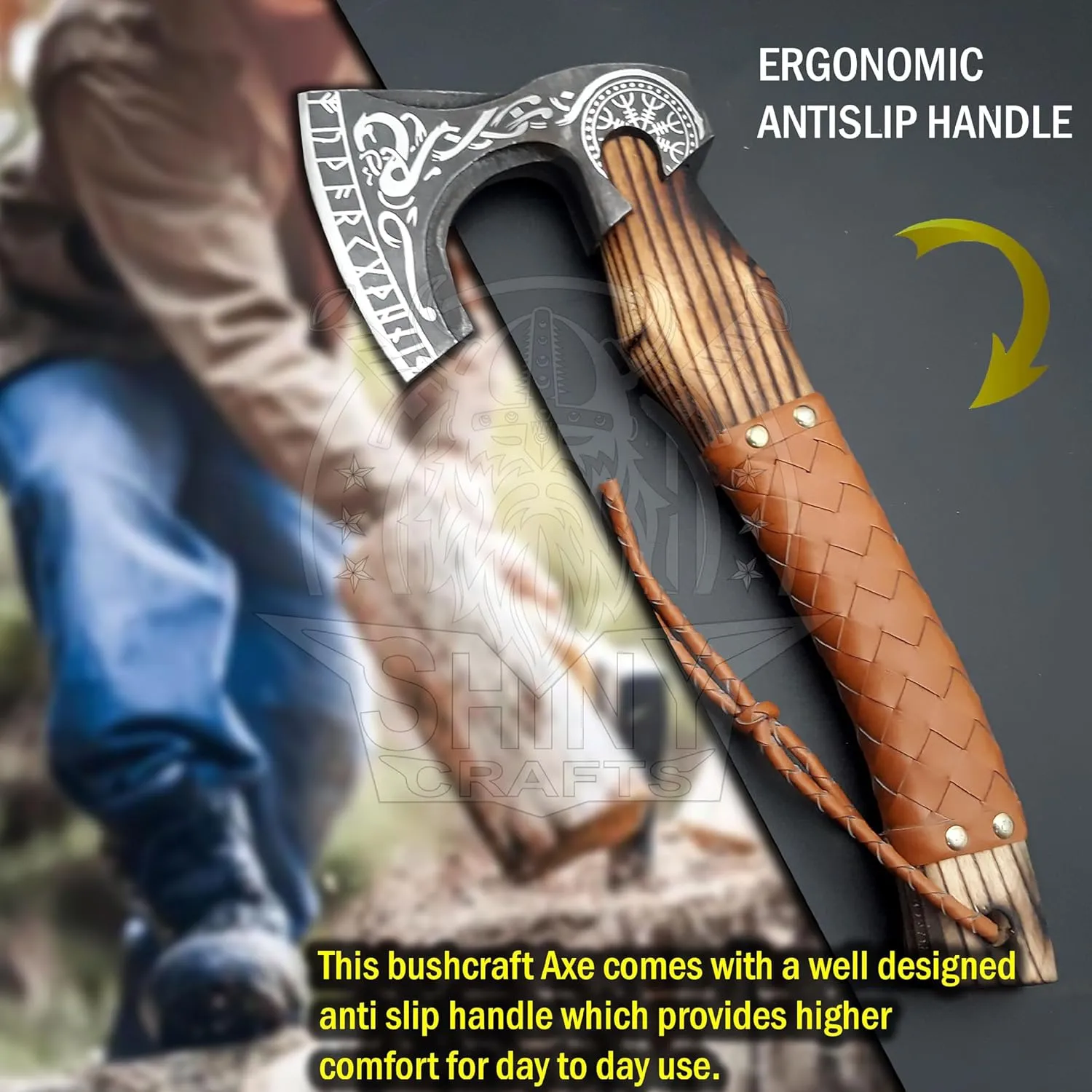 SHINY CRAFTS-Axes Handmade Viking Axe Hatchet Norse Axe-Valhalla Runic Axe Carbon Steel Viking Axe Head Engraved Handle Wolf Camp Axe Genuine Leather Sheath & Wrap (SCA 06)