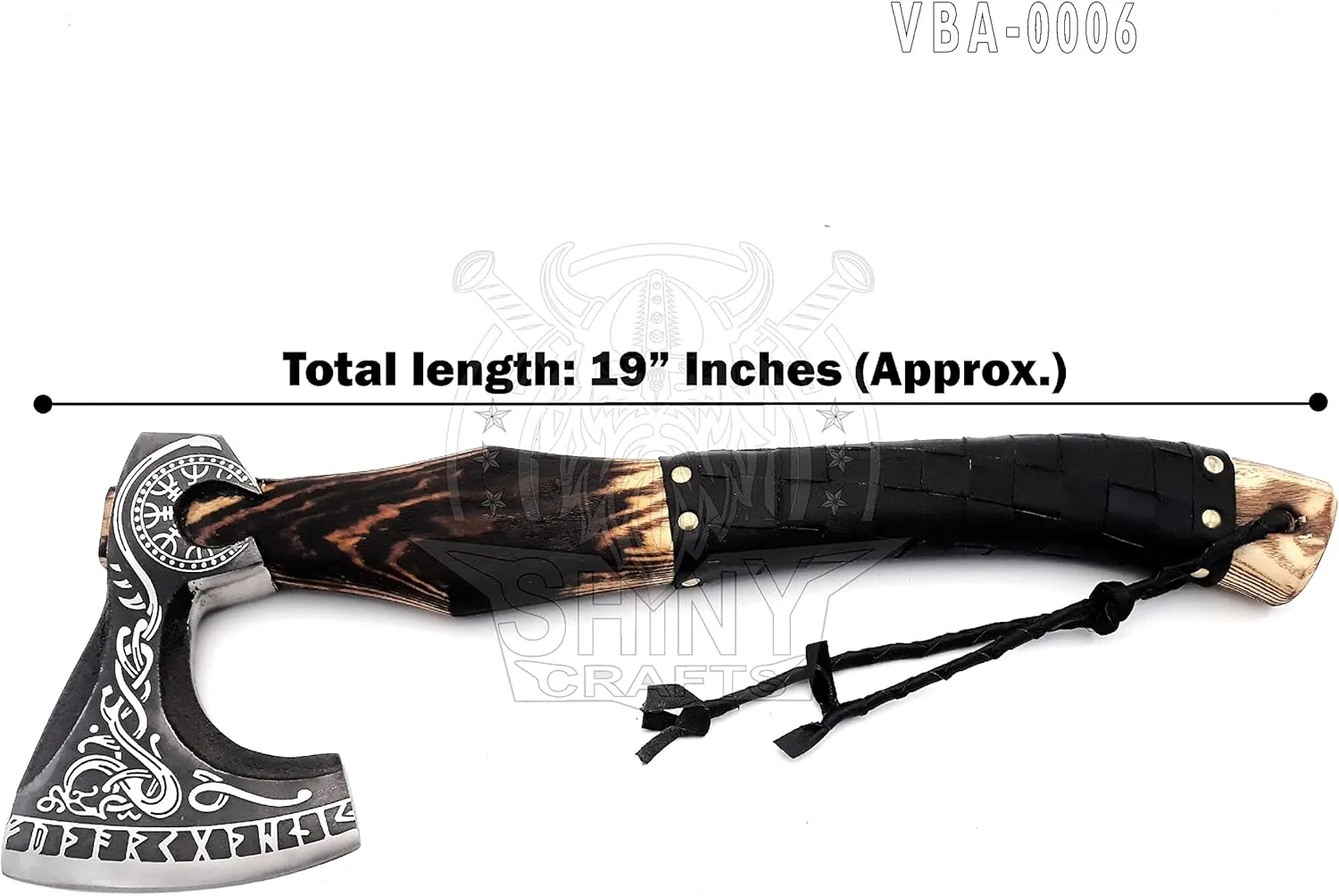 SHINY CRAFTS-Axes Handmade Viking Axe Hatchet Norse Battle Axe-Valhalla Runic Axe, Carbon Steel Viking Axe Head, Engraved Handle, Wolf Camp Axe, Genuine Leather Sheath & Wrap (VBA 06)