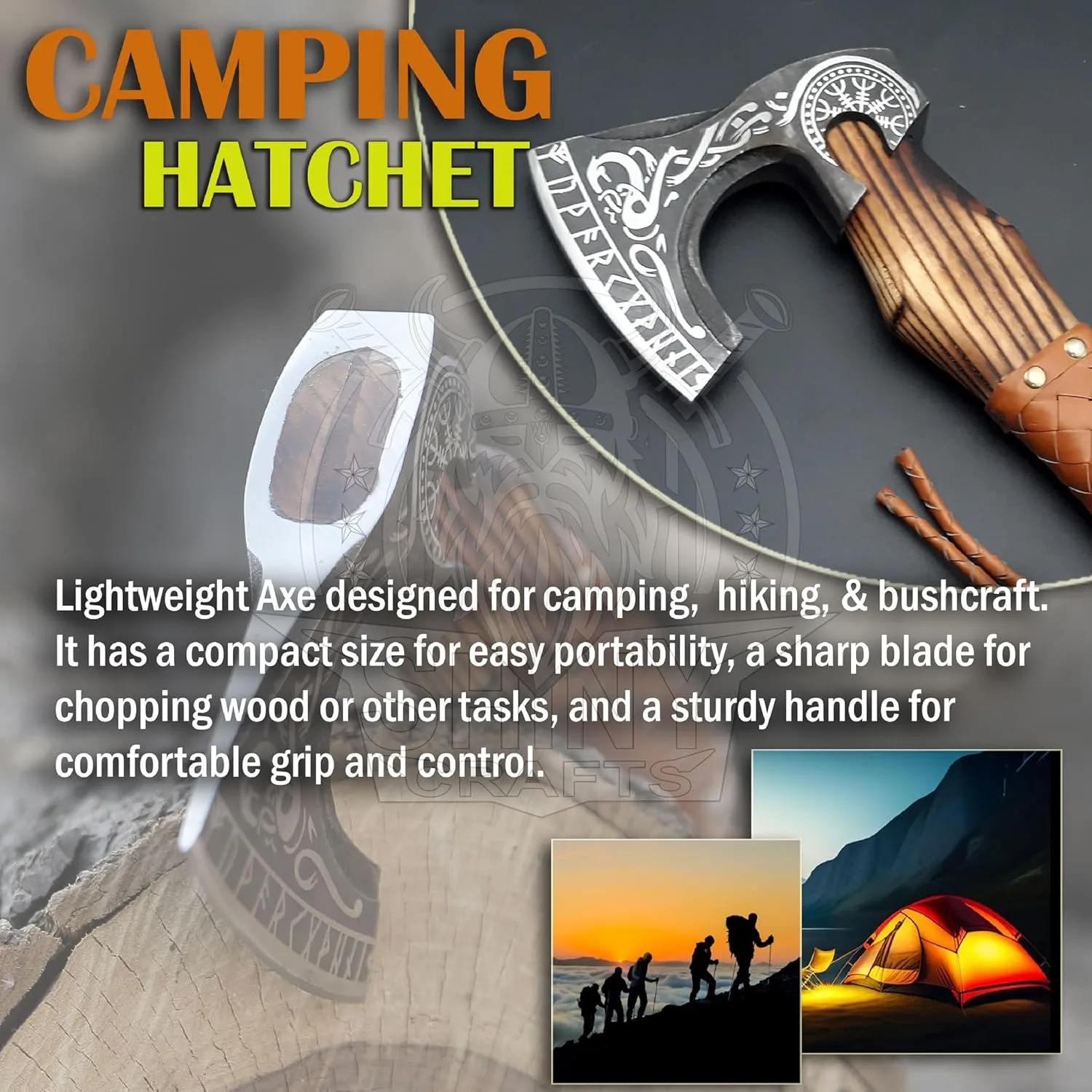SHINY CRAFTS-Axes Handmade Viking Axe Hatchet Norse Battle Axe-Valhalla Runic Axe, Carbon Steel Viking Axe Head, Engraved Handle, Wolf Camp Axe, Genuine Leather Sheath & Wrap (VBA 06)
