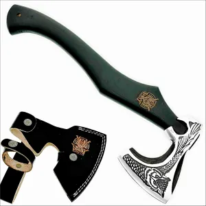 SHINY CRAFTS-Axes Handmade Viking Axe Hatchet Norse Battle Axe-with Carbon Steel Head and Black Etching Design Ashwood Handle Viking Gifts for Men with Premium Quality Leather Sheath (SCA 18)