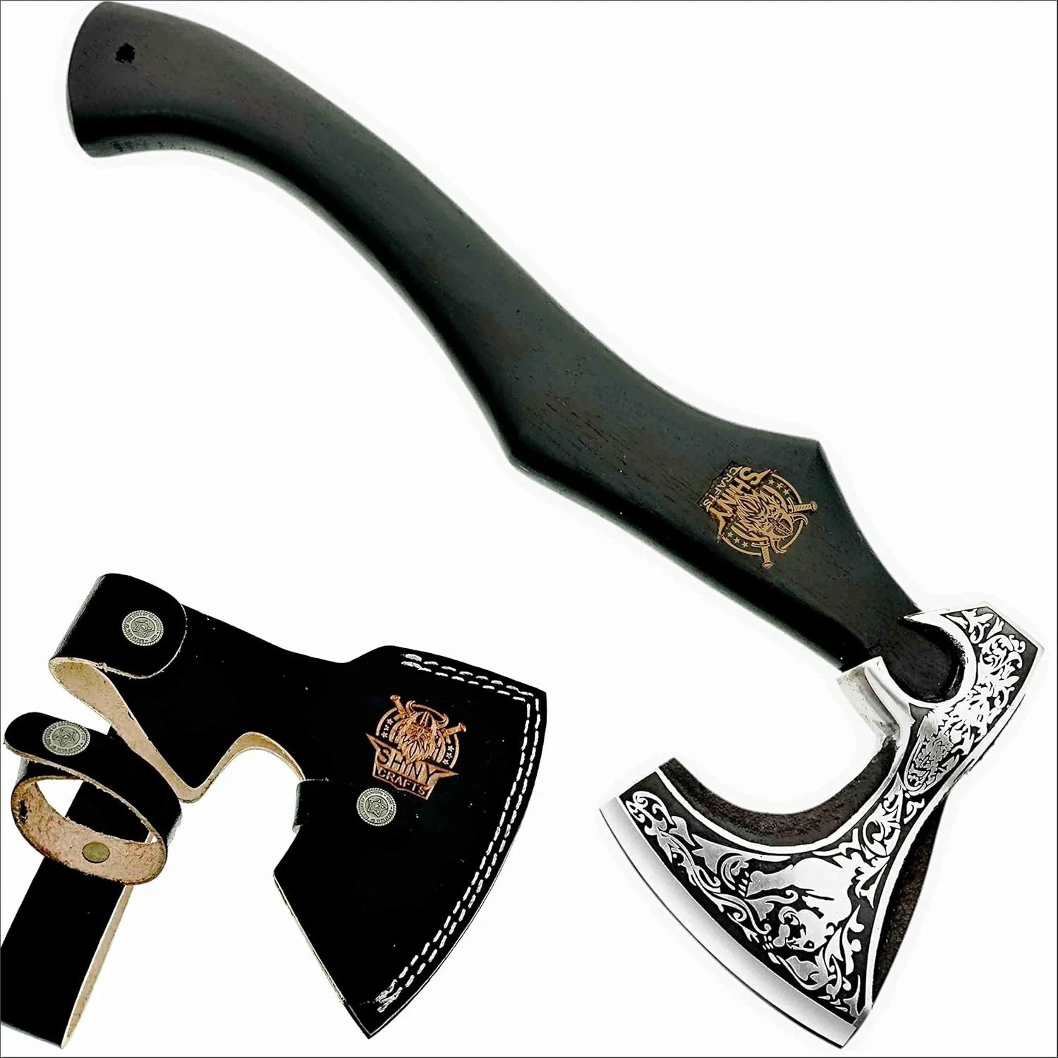 SHINY CRAFTS-Camping Axe Tomahawk Viking Bearded Axe Handmade Viking Axe with Ashwood Handle Viking Gifts for Men with Premium Quality Leather Sheath (SCA 24)
