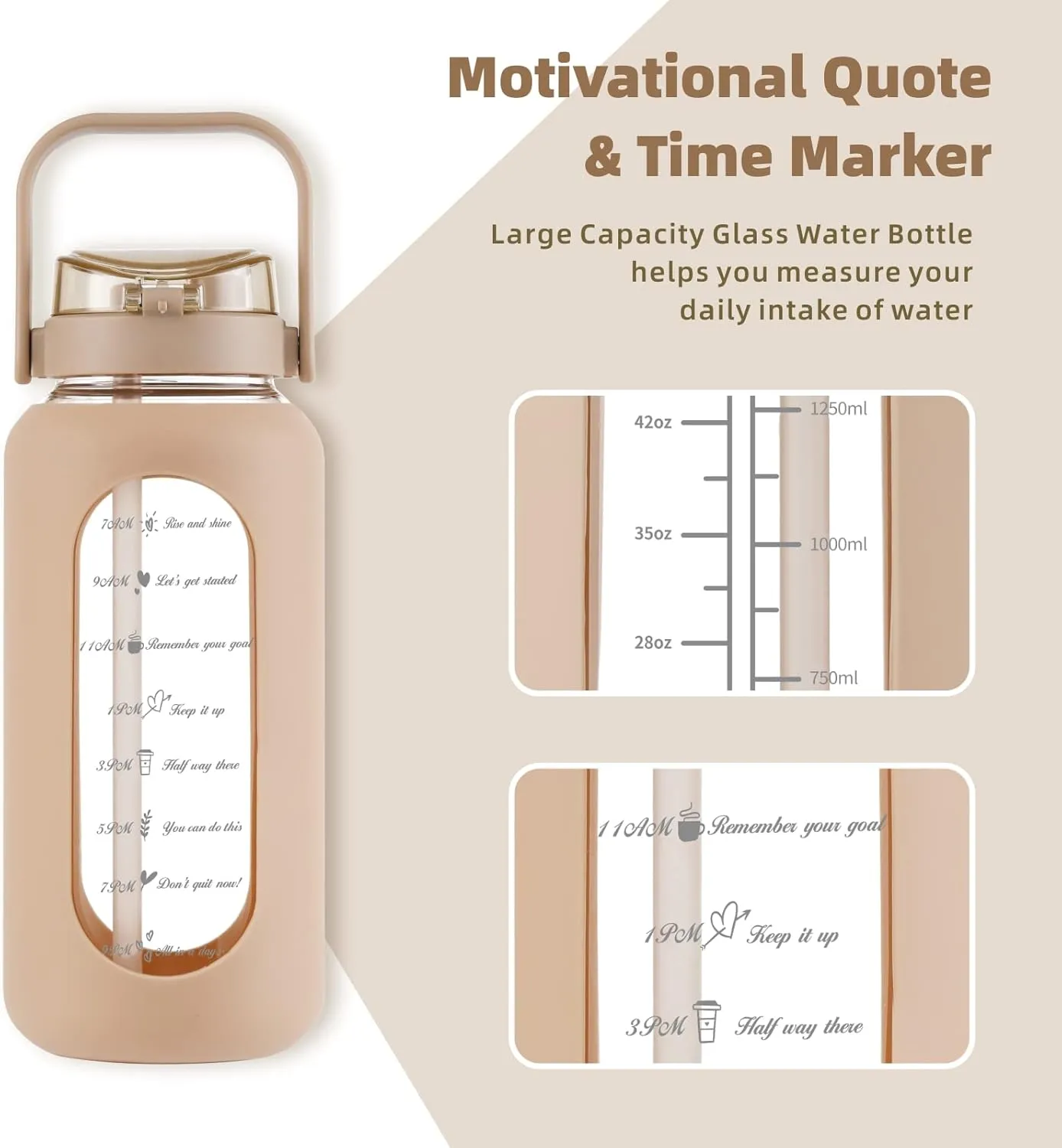 SIEROZUR 74oz Glass Water Bottle with Straw and Lid Large Gallon Water Jug with Silicone Sleeve and Handle 2.2 liter Wide Mouth Bottle with Time Marker for Gym Sports& Workout