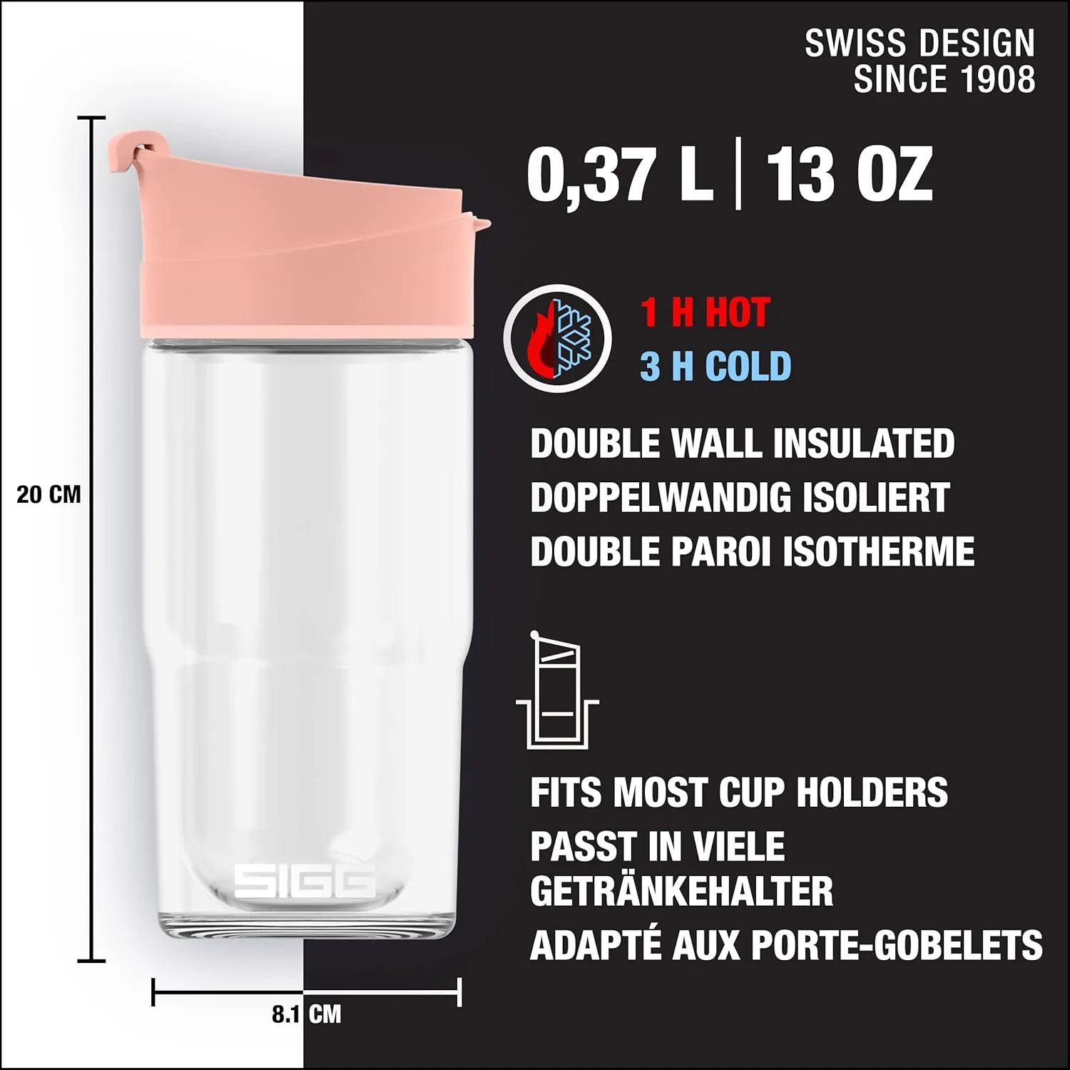 SIGG - Insulated Coffee Cup - Travel Mug Nova - Dishwasher Safe - BPA Free - Broscilate Glass - Flip Top - Shy Pink - 13 Oz