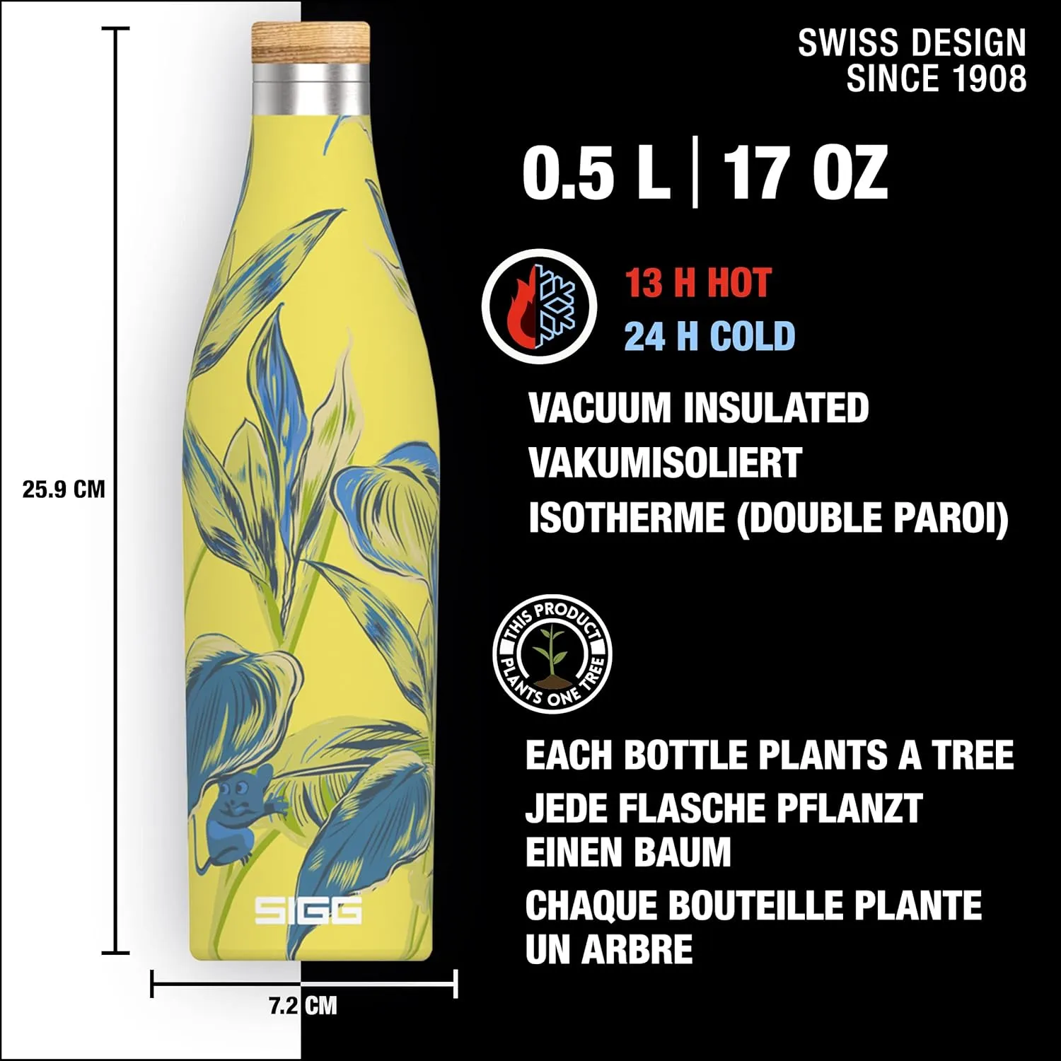 SIGG - Insulated Water Bottle - Meridian Sumatra Maki - Leakproof & Extra-Slim - BPA Free - Plastic Free - 18/8 Stainless Steel - Double Walled - Bamboo Screw Top - Yellow floral - 17 Oz