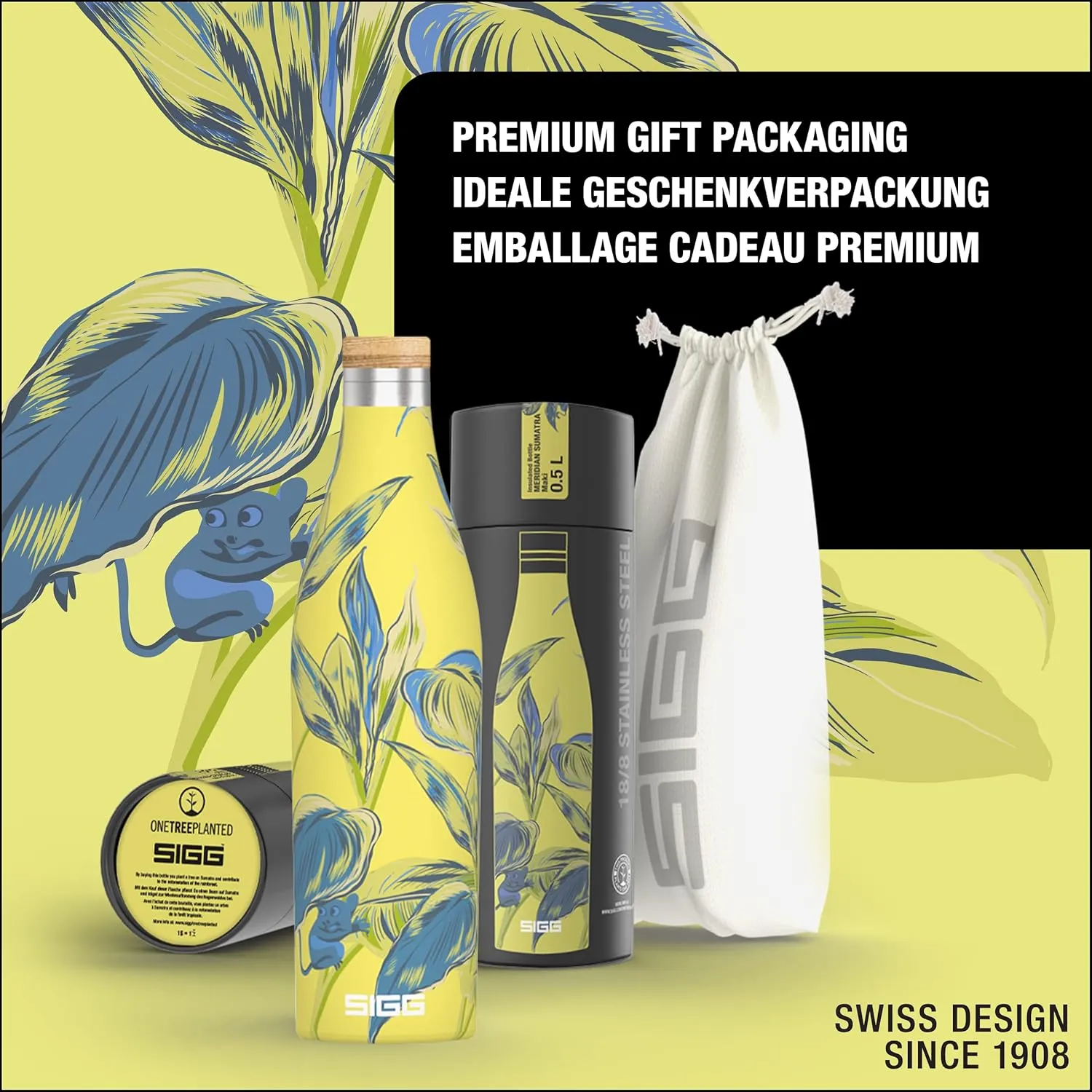 SIGG - Insulated Water Bottle - Meridian Sumatra Maki - Leakproof & Extra-Slim - BPA Free - Plastic Free - 18/8 Stainless Steel - Double Walled - Bamboo Screw Top - Yellow floral - 17 Oz