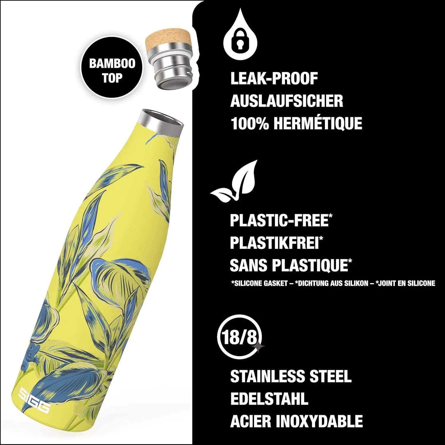 SIGG - Insulated Water Bottle - Meridian Sumatra Maki - Leakproof & Extra-Slim - BPA Free - Plastic Free - 18/8 Stainless Steel - Double Walled - Bamboo Screw Top - Yellow floral - 17 Oz