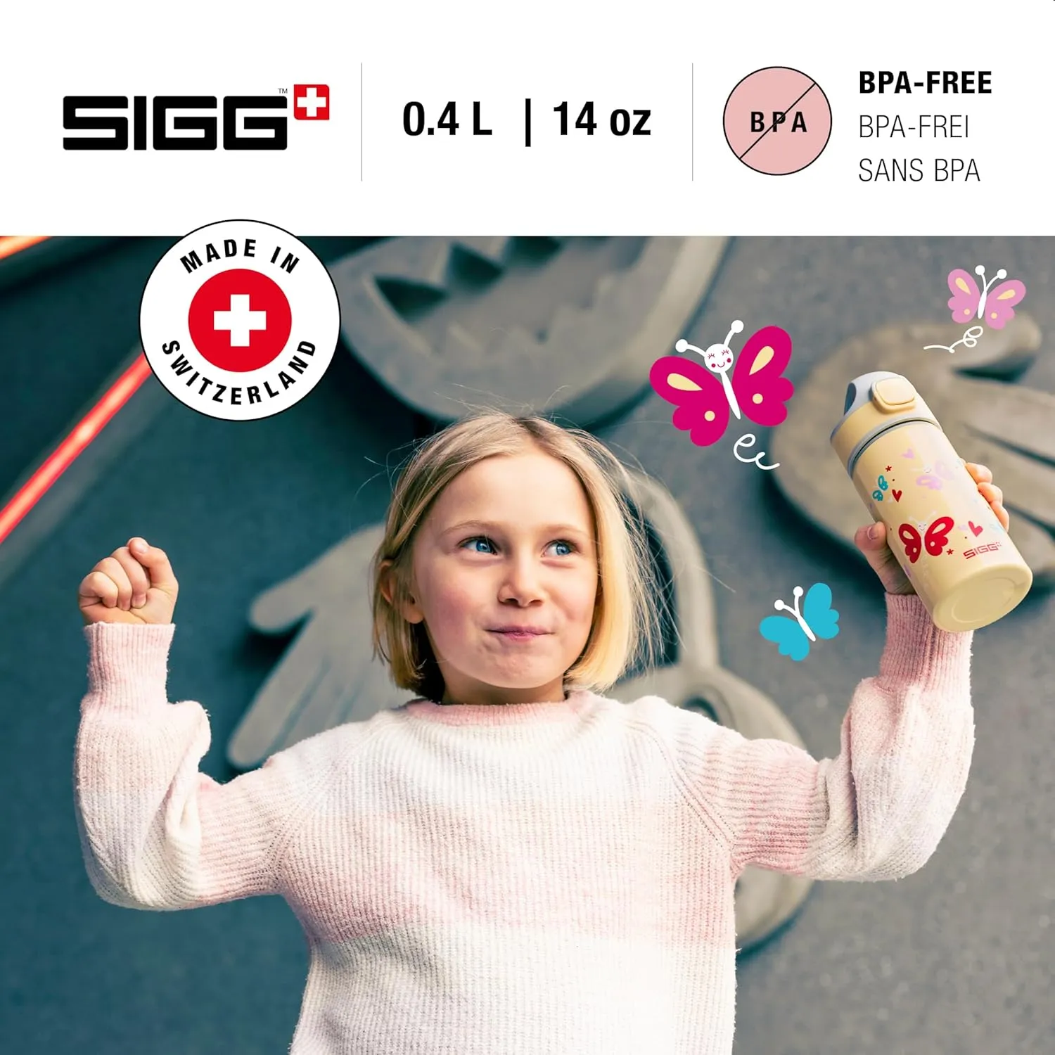 SIGG - Kids Miracle Water Bottle - Butterfly - Lightweight Aluminium with Leak-Proof Lid - One Hand Children's Drink Bottle - 13 Oz