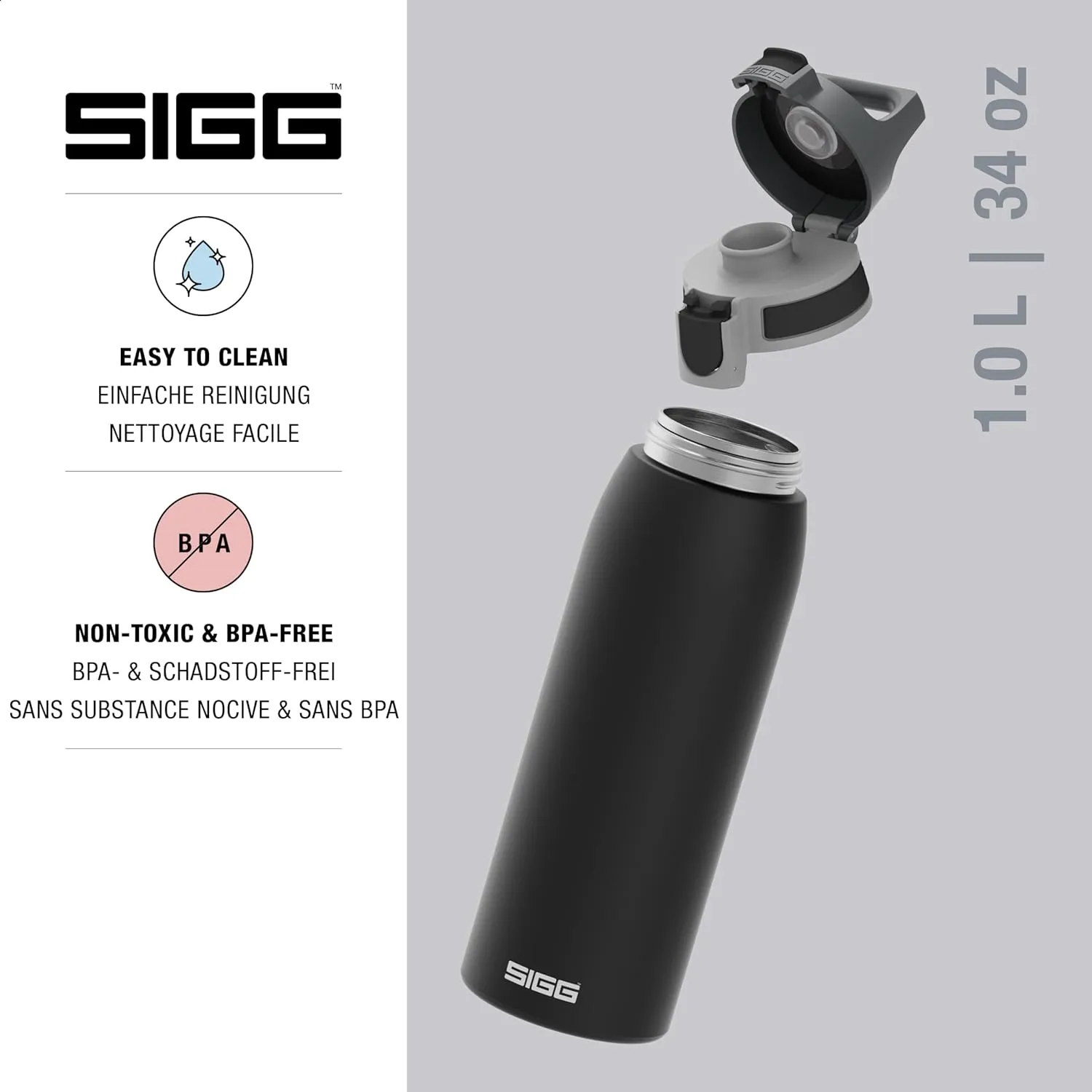 SIGG - Reusable Water Bottle - Shield ONE - Leakproof - Recyclable - BPA Free - Black - 34 Oz