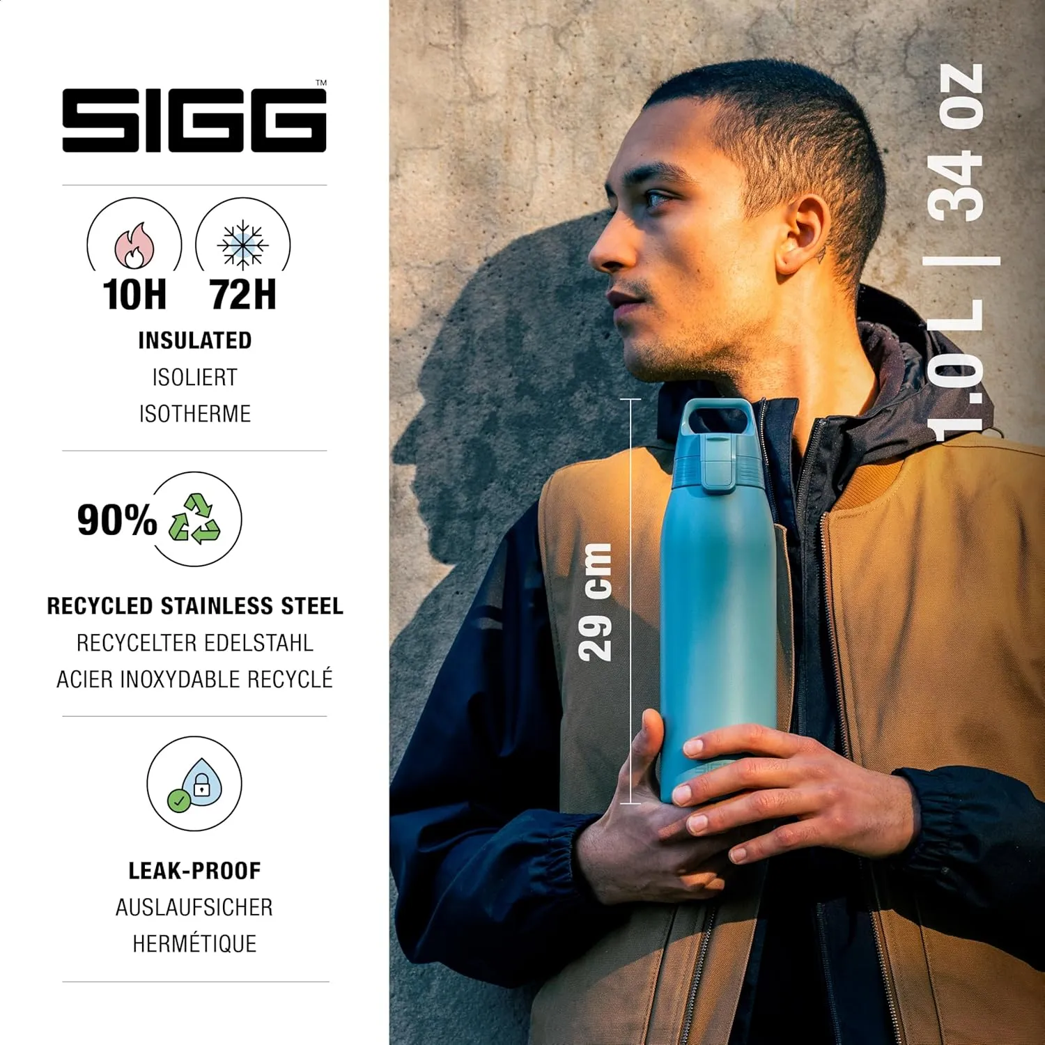 SIGG - Shield Therm- Stainless Steel Insulated Water Bottle - Carbonated Drinks, Leakproof, BPA Free, Recycled, 25, 34Oz
