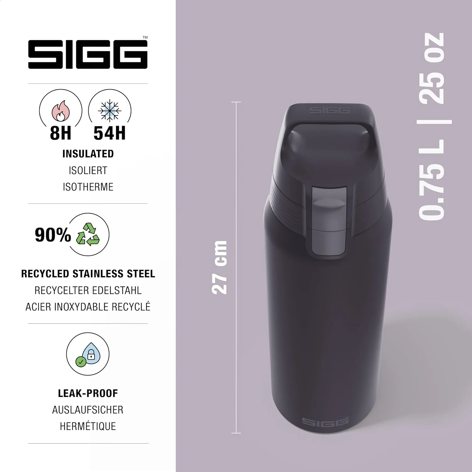 SIGG - Shield Therm- Stainless Steel Insulated Water Bottle - Carbonated Drinks, Leakproof, BPA Free, Recycled, 25, 34Oz