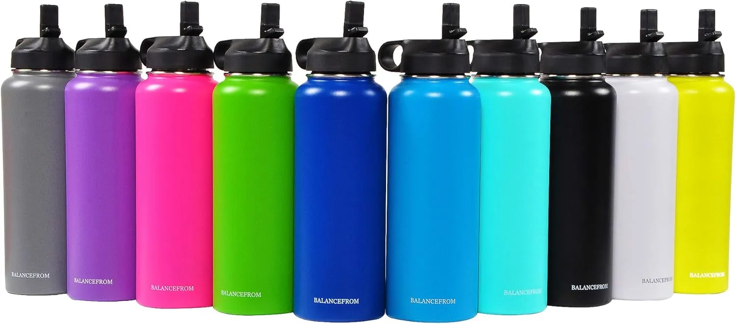 Signature Fitness Double-Wall Vacuum Insulated Stainless Steel Water Bottle, 3 Caps Included, Multiple Colors and Sizes