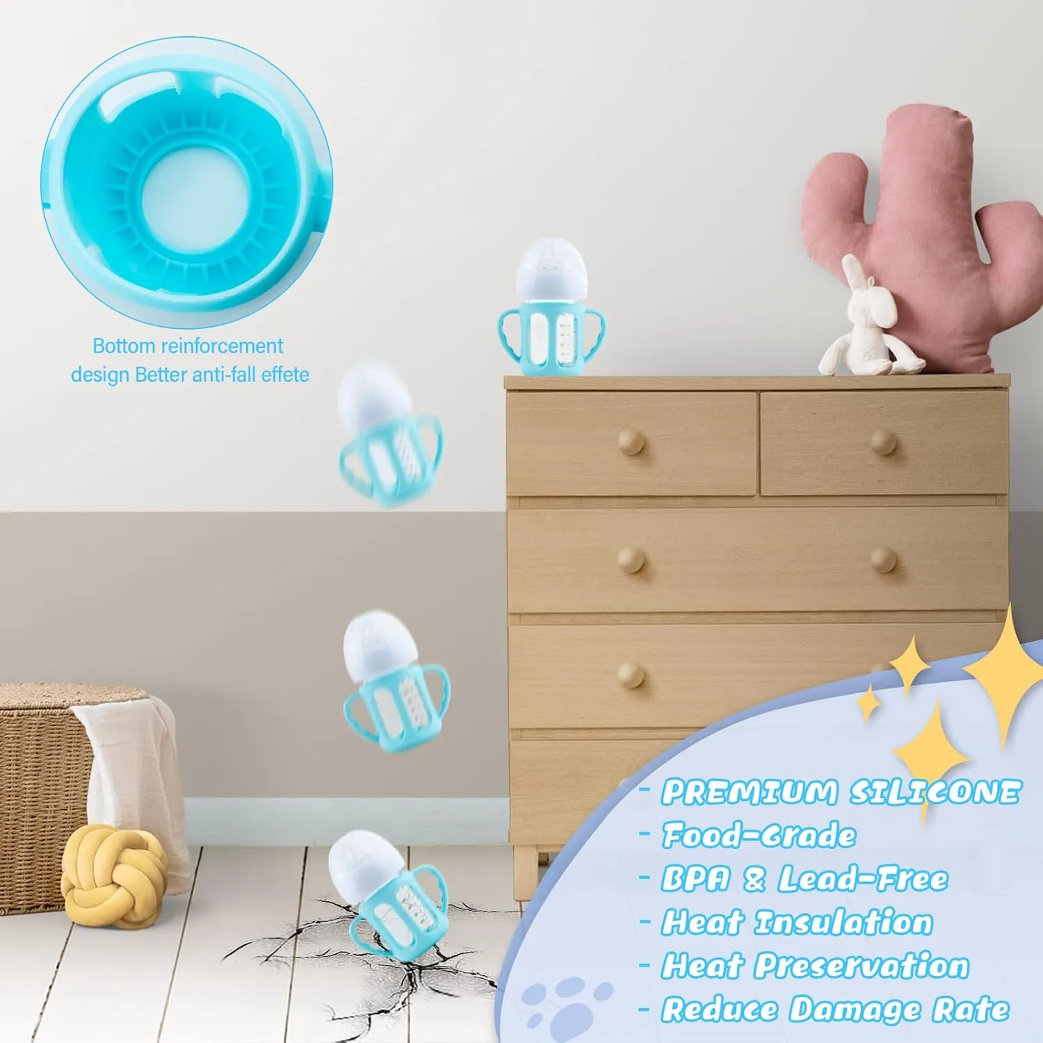 Silicone Sleeves with Handle for Avent Natural Glass Baby Bottles, 3 Pack Anti Breakage Baby Bottle Holder for Philips Avent Glass Natural Baby Bottle, BPA Free