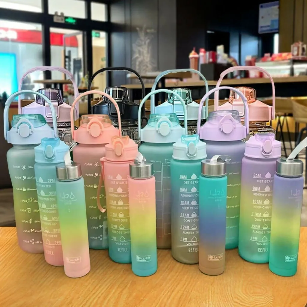 Silicone Water Bottles with Time Markers Motivational Gallon Set (2000ml, 900ml, 300ml) Leak-Proof & BPA-Free