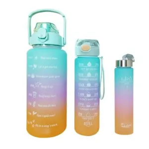 Silicone Water Bottles with Time Markers Motivational Gallon Set (2000ml, 900ml, 300ml) Leak-Proof & BPA-Free