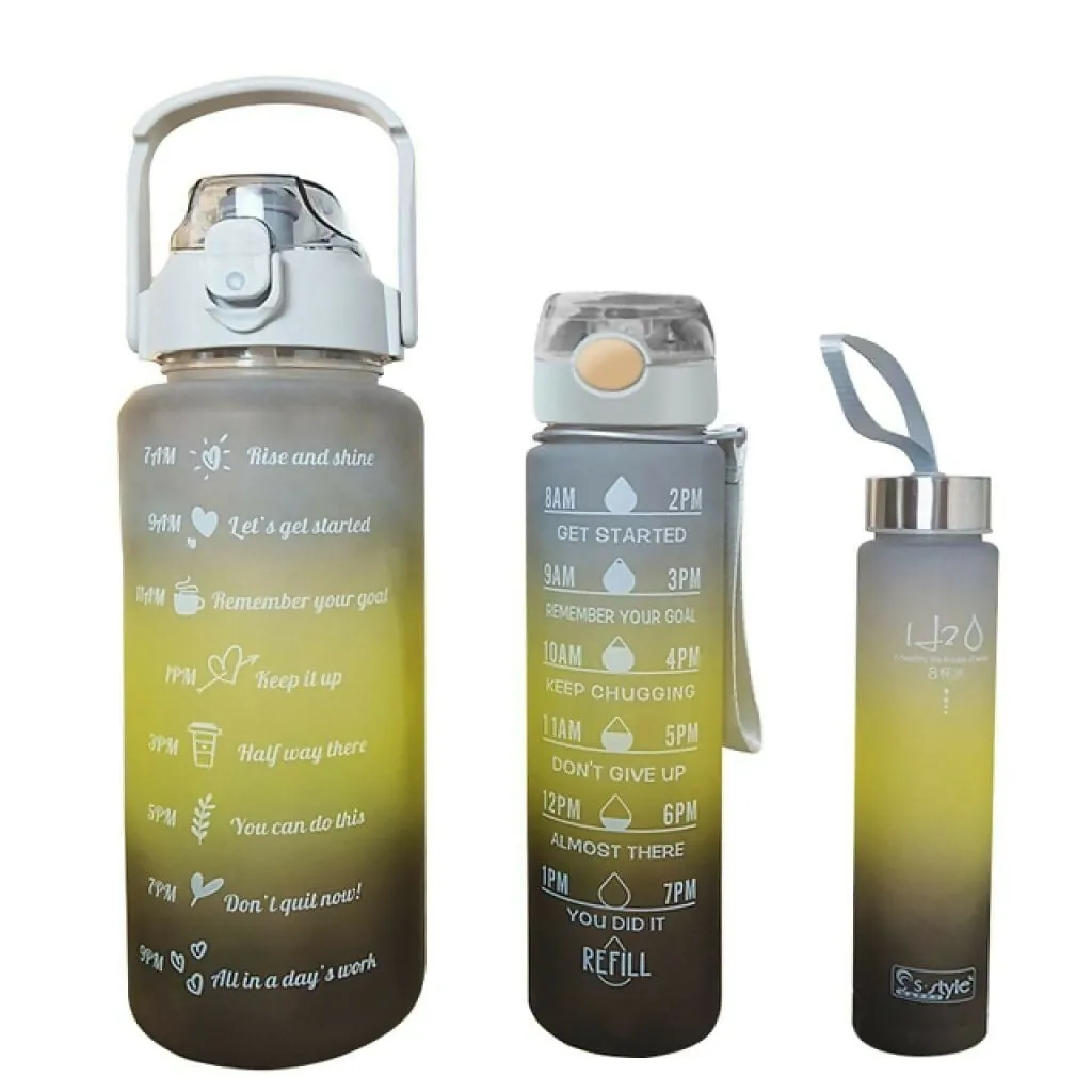 Silicone Water Bottles with Time Markers Motivational Gallon Set (2000ml, 900ml, 300ml) Leak-Proof & BPA-Free