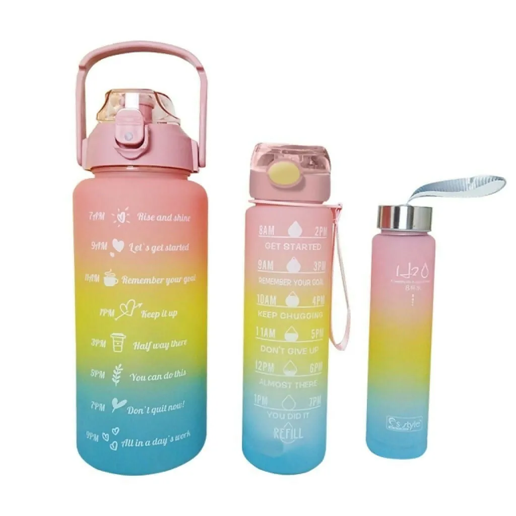 Silicone Water Bottles with Time Markers Motivational Gallon Set (2000ml, 900ml, 300ml) Leak-Proof & BPA-Free