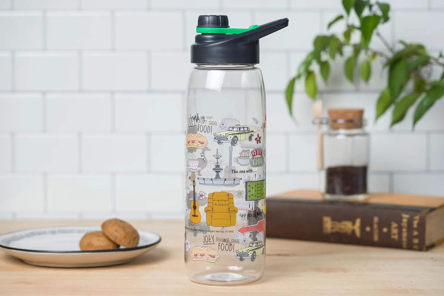 Silver Buffalo Friends TV Show Iconic Doodles and Quotes Featuring Central Perk, Yellow Picture Frame, "Joey Doesn't Share Food," "How You Doin?," Chick and Duck Water Bottle, Screw Top Lid, 28 Ounces