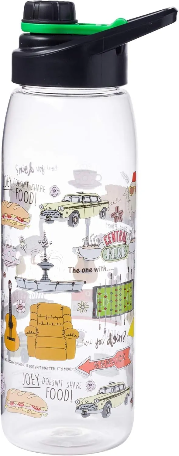 Silver Buffalo Friends TV Show Iconic Doodles and Quotes Featuring Central Perk, Yellow Picture Frame, "Joey Doesn't Share Food," "How You Doin?," Chick and Duck Water Bottle, Screw Top Lid, 28 Ounces