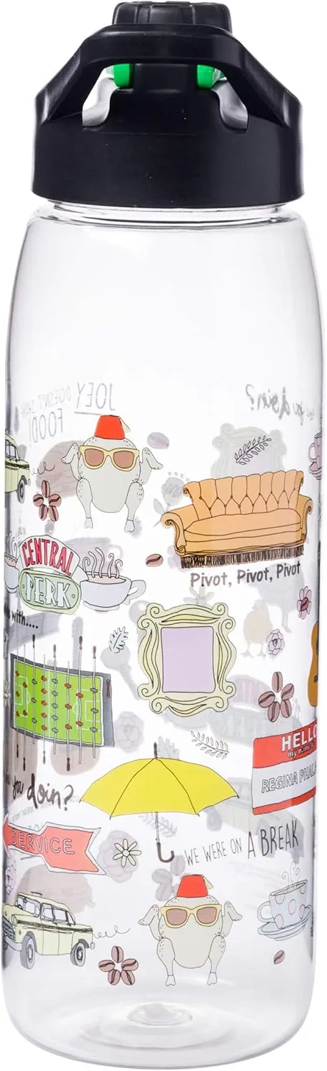 Silver Buffalo Friends TV Show Iconic Doodles and Quotes Featuring Central Perk, Yellow Picture Frame, "Joey Doesn't Share Food," "How You Doin?," Chick and Duck Water Bottle, Screw Top Lid, 28 Ounces