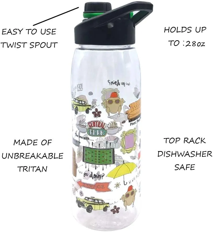 Silver Buffalo Friends TV Show Iconic Doodles and Quotes Featuring Central Perk, Yellow Picture Frame, "Joey Doesn't Share Food," "How You Doin?," Chick and Duck Water Bottle, Screw Top Lid, 28 Ounces