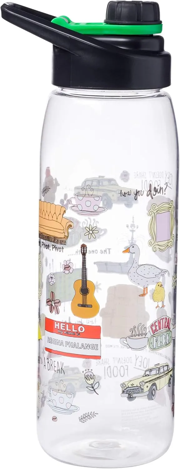 Silver Buffalo Friends TV Show Iconic Doodles and Quotes Featuring Central Perk, Yellow Picture Frame, "Joey Doesn't Share Food," "How You Doin?," Chick and Duck Water Bottle, Screw Top Lid, 28 Ounces