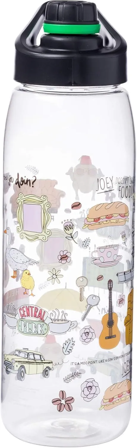 Silver Buffalo Friends TV Show Iconic Doodles and Quotes Featuring Central Perk, Yellow Picture Frame, "Joey Doesn't Share Food," "How You Doin?," Chick and Duck Water Bottle, Screw Top Lid, 28 Ounces