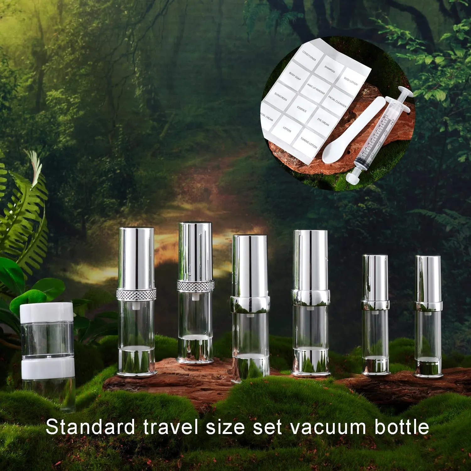 silvery travel size bottle with bag set, airless real pump bottle, reusable vacuum bottle, lotion, hand sanitizer, essence, etc (12 packs) 5ml/10ml/20g ZKP-YS-5-10-15