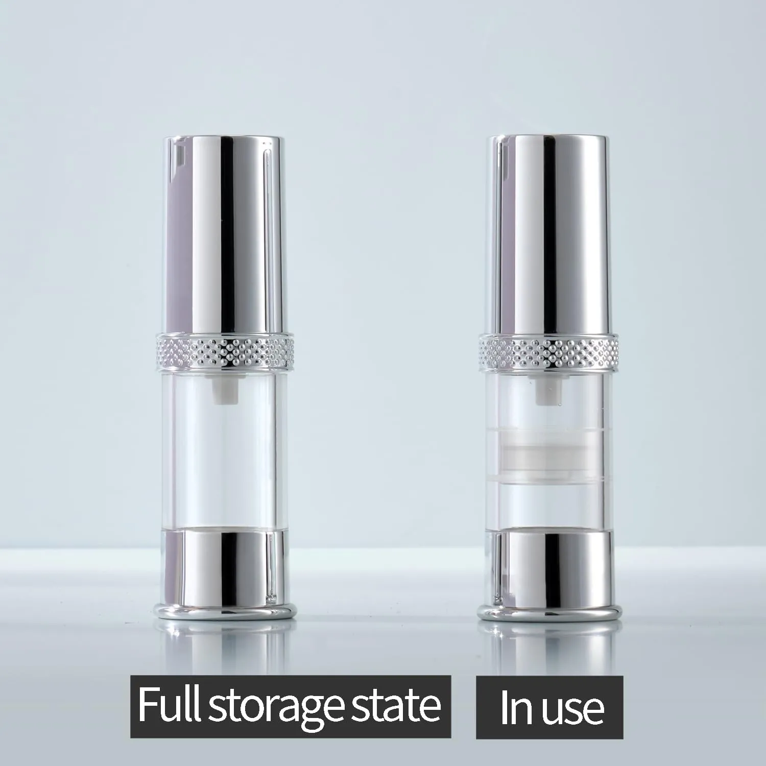 silvery travel size bottle with bag set, airless real pump bottle, reusable vacuum bottle, lotion, hand sanitizer, essence, etc (12 packs) 5ml/10ml/20g ZKP-YS-5-10-15