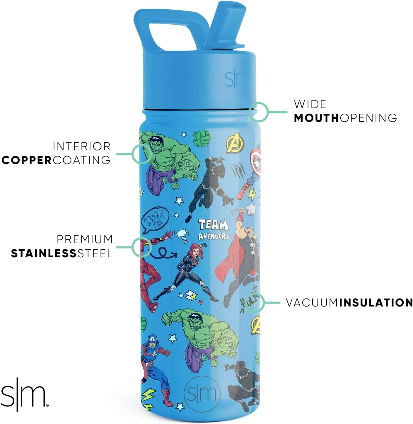 Simple Modern Kids Summit Water Bottle with Straw Lid | Marvel Avengers 18oz Stainless Steel Cup Insulated Tumbler for Boys, School | Avengers Heroes