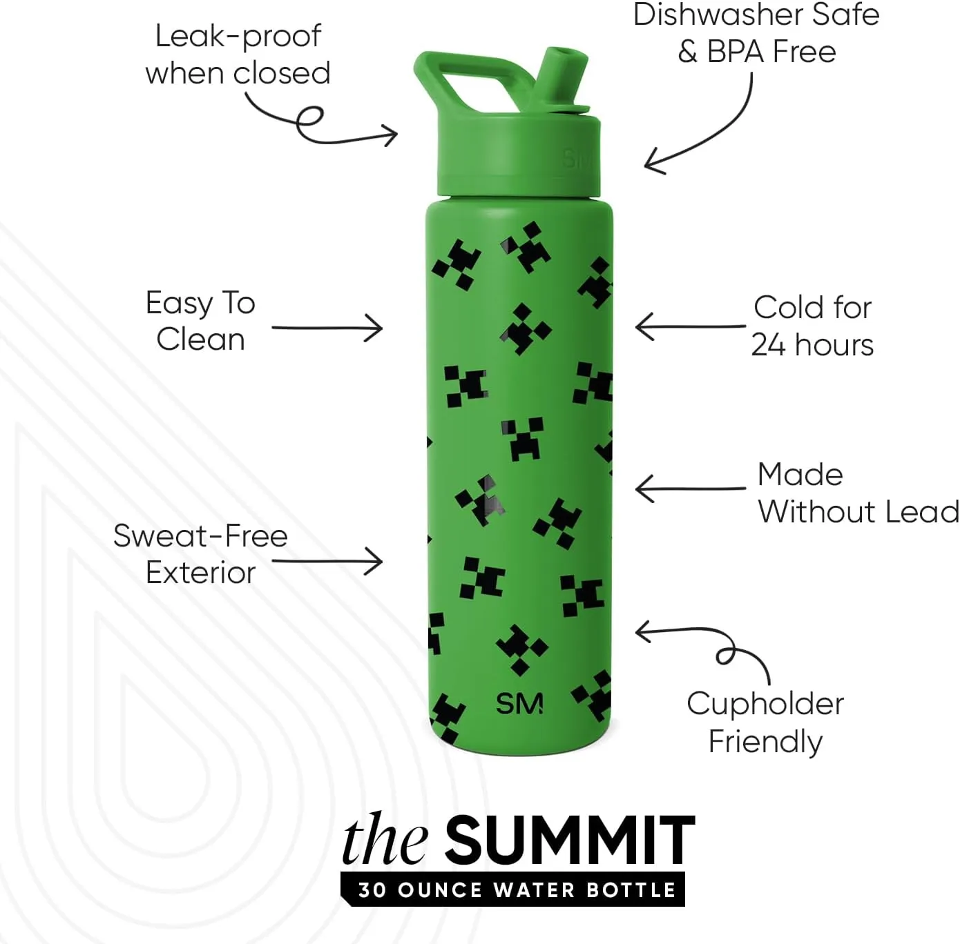 Simple Modern Summit Water Bottle with Straw Lid | Minecraft 30oz Leak Proof Stainless Steel Insulated Cup | Gifts for Men | Minecraft Creeper