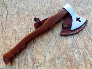 SLEEBA Cross Design Custom Hand Made Tomahawk Battle HIGH Carbon Steel Axe Hatchet with Leather Sheath, R-A 005
