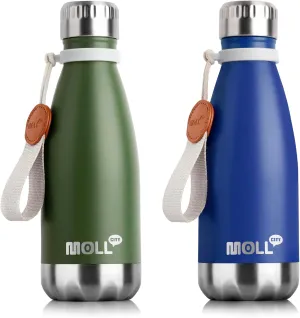 Small Water Bottle-12 oz Stainless Steel Vacuum Insulated Water Bottle for Kids for School, Leak Proof Cola Shape Travel Water Bottle for Boys (Grass Green-Navy)