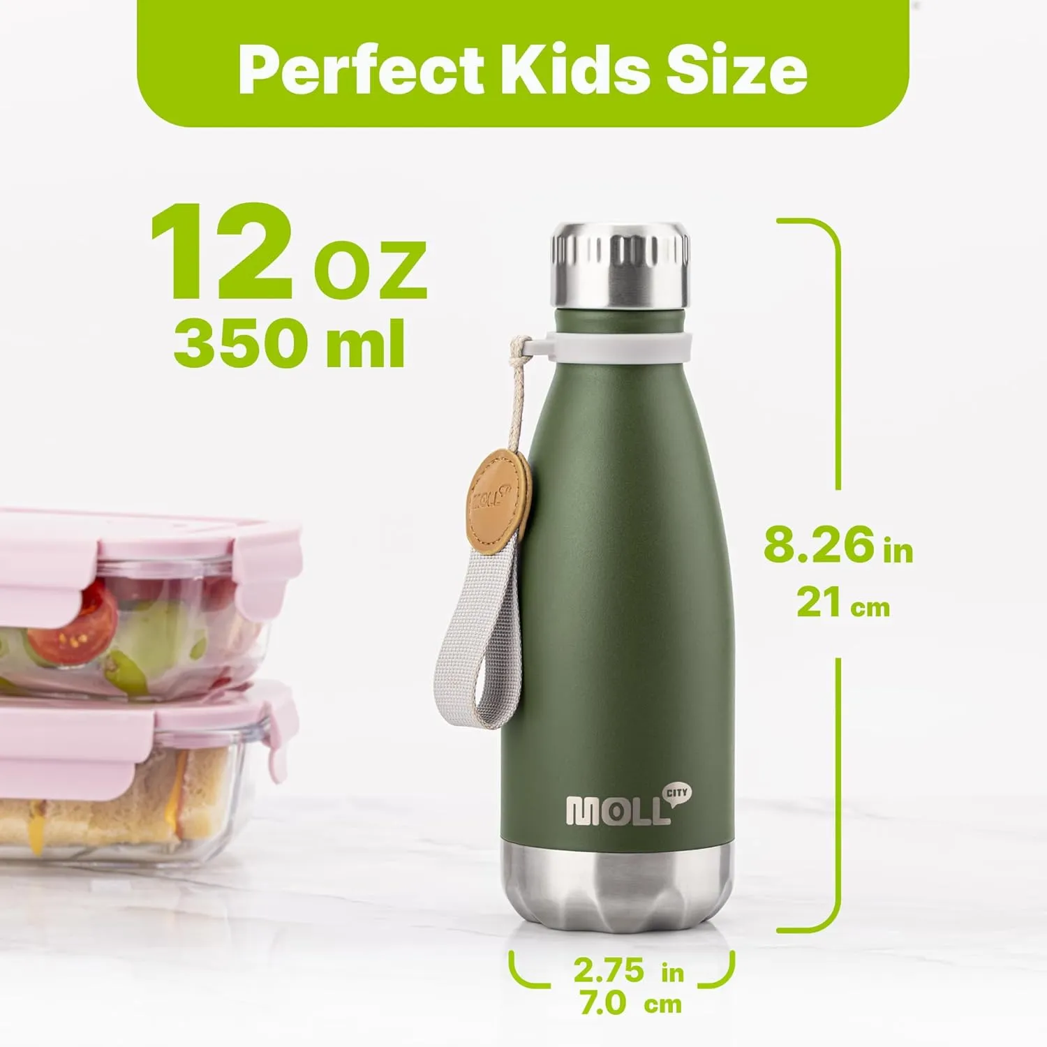 Small Water Bottle-12 oz Stainless Steel Vacuum Insulated Water Bottle for Kids for School, Leak Proof Cola Shape Travel Water Bottle for Boys (Grass Green-Navy)