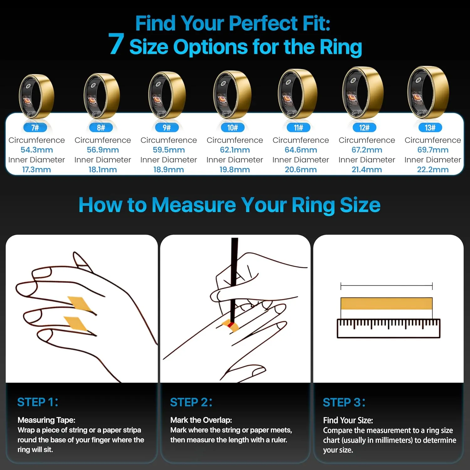 Smart Ring Health Tracker - 24/7 Fitness & Sleep Tracking with Heart Rate Monitor, IP68 Waterproof Activity Tracker for Men/Women, 50  Workout Modes, 7-Day Battery
