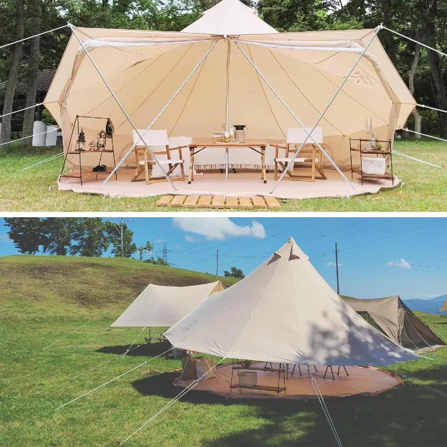 S'more Canvas Bell & Teepee Camping Tent, Water Resistant, Hot Tent with Stove Jack, 4 Season Outdoor Glamping Tent, Roomy Yurt & Tipi Tent for 3-6 Person Family, 10/13ft