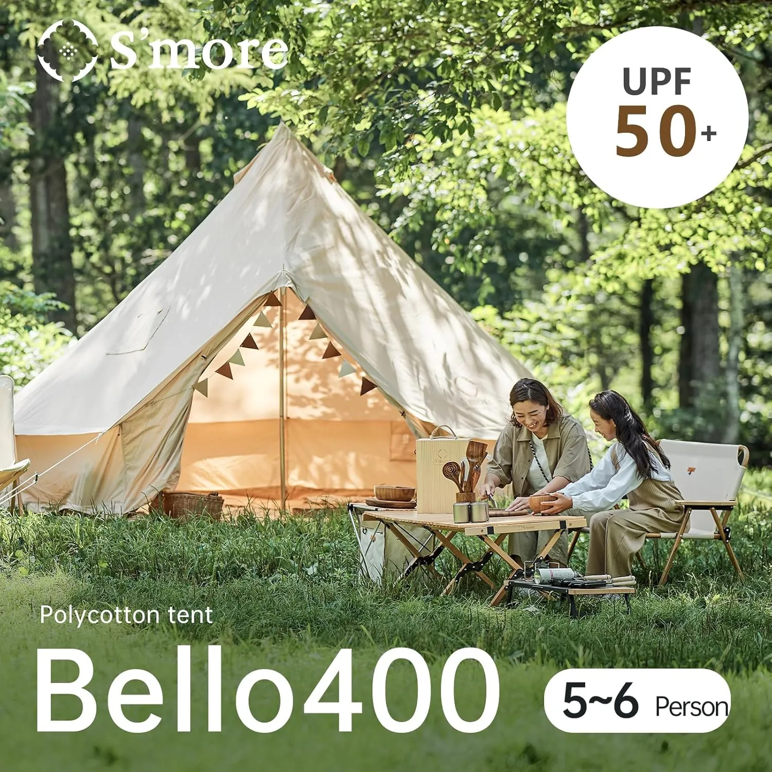 S'more Canvas Bell & Teepee Camping Tent, Water Resistant, Hot Tent with Stove Jack, 4 Season Outdoor Glamping Tent, Roomy Yurt & Tipi Tent for 3-6 Person Family, 10/13ft