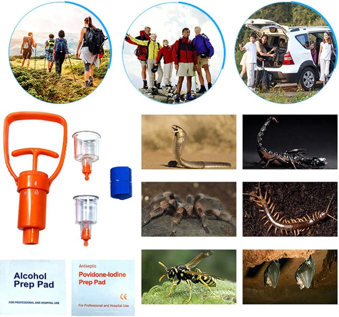 Snake Bite Kit, Bee Sting Kit, Emergency First Aid Supplies, Venom Extractor Suction Pump, Bite and Sting First Aid for Hiking, Backpacking and Camping. Includes Bonus CPR face Shield (Orange)
