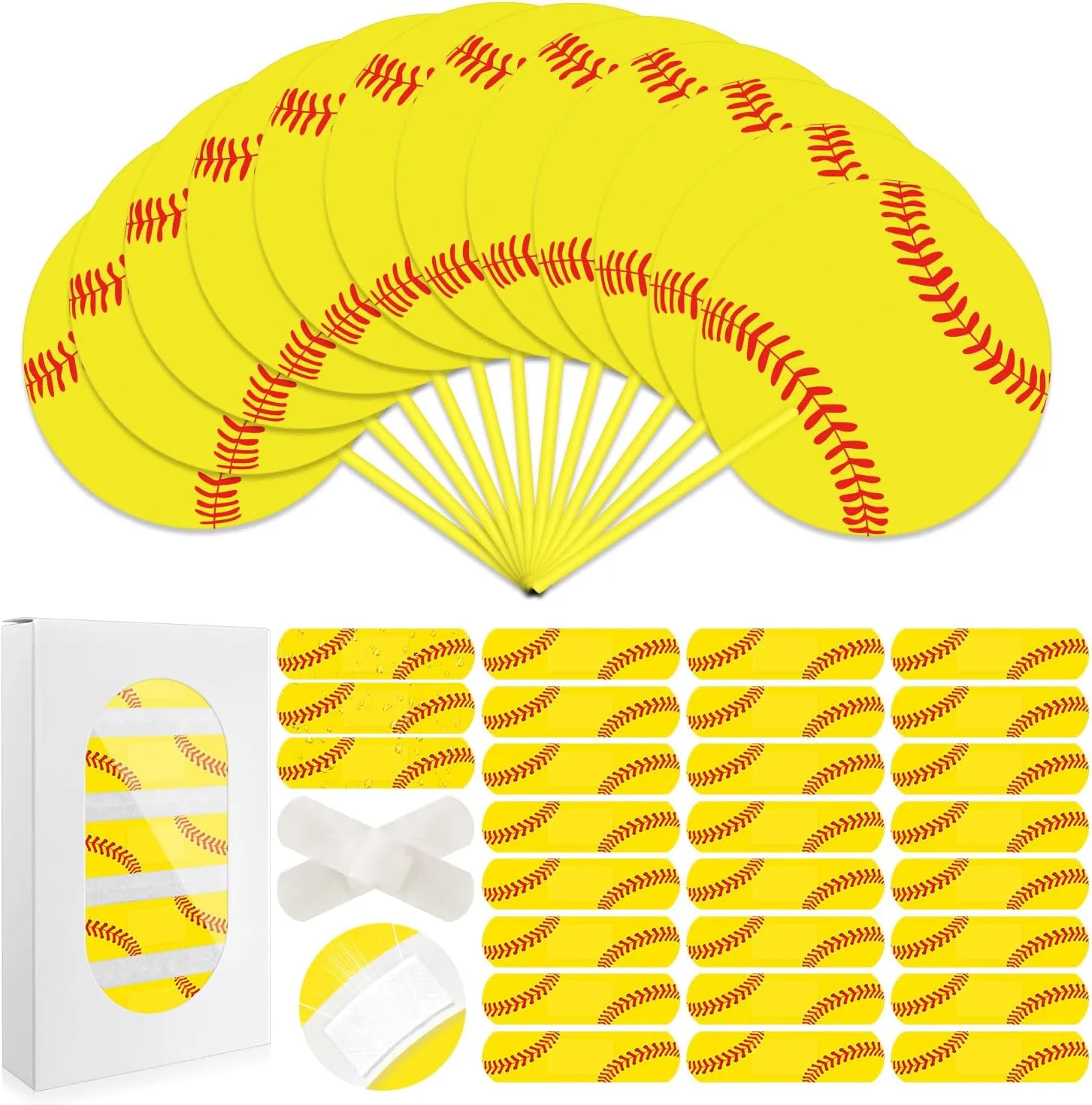 Softball Sports Events Gifts, 120 Pcs Softball First Aid Kit & 12 Pack Handheld Fans Bundle, Themed Sports Party Supplies, Waterproof Bandages & Cooling Fans for Athletes & Fans, Team Gifts