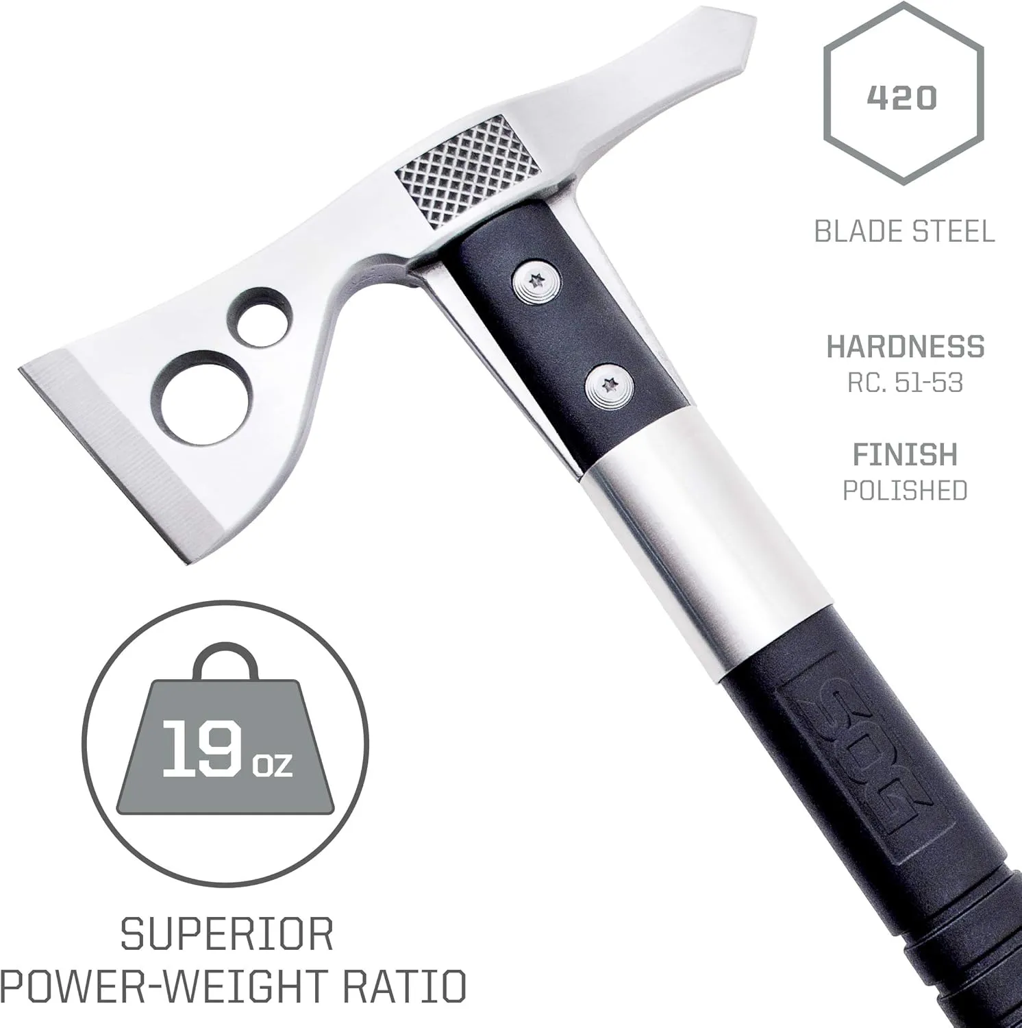 SOG FastHawk Polished Tomahawk - Tactical Axe with Sheath, Throwing Hatchet w/ Hammer Axe Edge for Competition Throwing, Camping, Hunting (F06PN-CP)