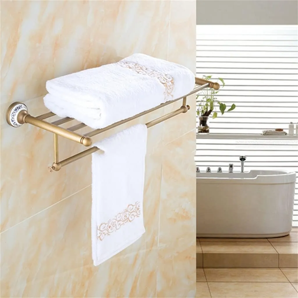 Solid Brass Bathroom Towel Rack, Antique Brass Towel Holder, Corner Bath Towel Shelf Accessories