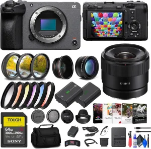 Sony FX30 Digital Cinema Camera (ILME-FX30B)   Sony E 11mm Lens   64GB SF-G Tough Card   Filter Kit   Wide Angle Lens   Telephoto Lens   Lens Hood   Bag   More (Renewed)