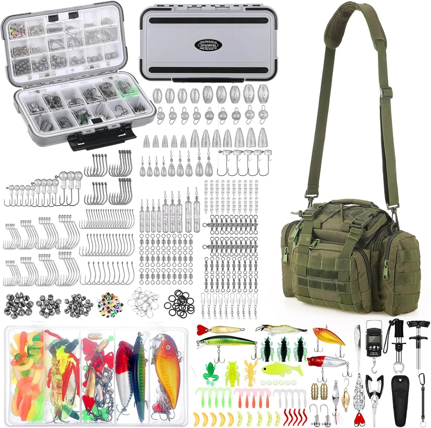 Sosation 482 Pcs Fishing Tool Kit with Backpack Fishing Accessories for Adults,tackle Box with Tackle Included Lures Hooks Sinkers Tools Accessories Kit Gifts for Men Women(Military Green)