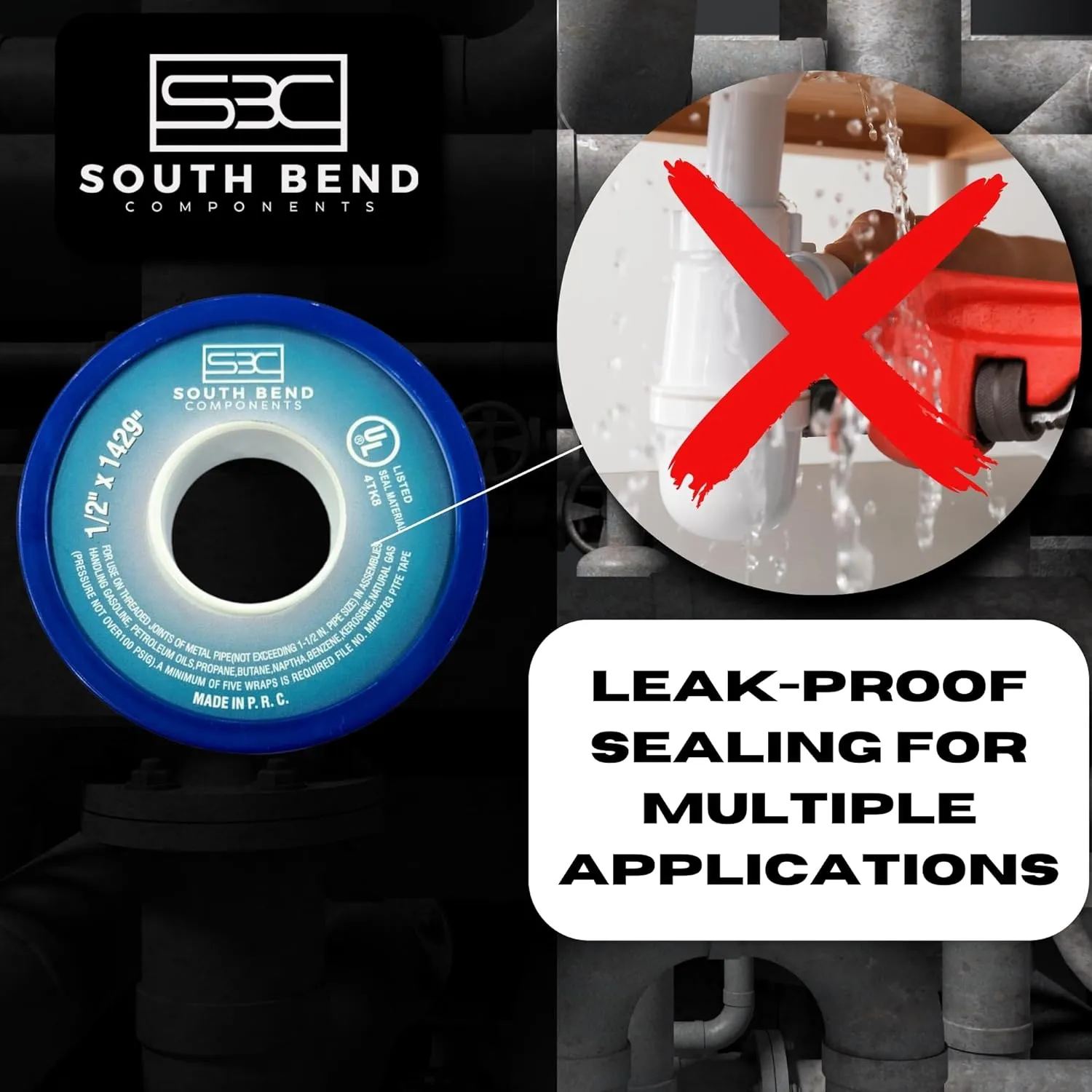 South Bend Components 1/2 Inch x 1429 Inch 70885 PTFE Thread Seal Tape – Teflon Tape for Plumbing, Gas, Water, and Air Systems | Leak-Proof, Durable Thread Tape for Metal and Plastic Pipes (10-Pack)