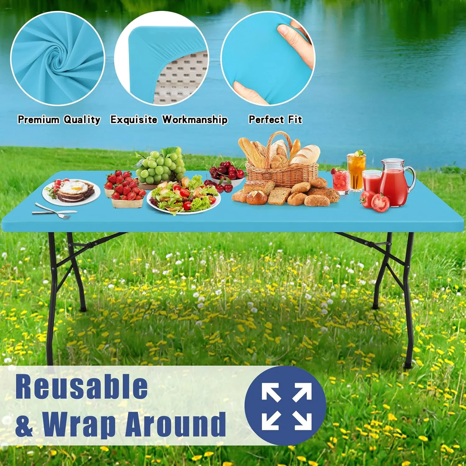 Spandex Picnic Table Cloth 2 Pack, Elastic Fitted Tablecloths for 6 Foot Rectangle Tables, Stretch Washable Patio Table Cover for Outdoor, Camping, Banquet and Parties (Blue Mist, 30"x72")